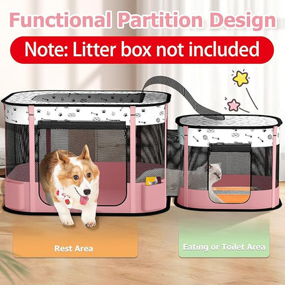 Portable Cat Playpen with litter box area, Foldable Pet Dog Playpen, for Kitten Puppy Play Pen Indoor/Outdoor, Cats Enclosure Cages Tent with Carrying Case, 600D Oxford 8-Rods, 32"x24"x22", Pink