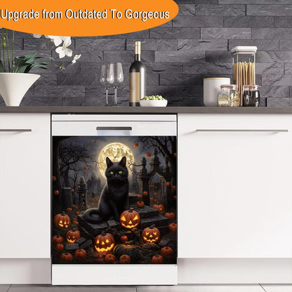 Happy Halloween Magnetic Cover - Cat Magnet Dishwasher Door Cover, Pumpkin Refrigerator Decal, 23Wx26H Inches