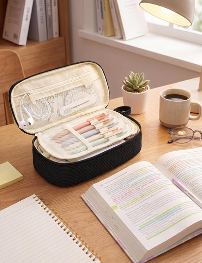 SUNEE Cute Pencil Case, Large Pencil Pouch, Soft Corduroy Aesthetic Big Pencil Bag with Zipper, Kawaii Stationery Storage and Organizer, School Supplies for Teen and Adult, Boys&Girls, Coal Black