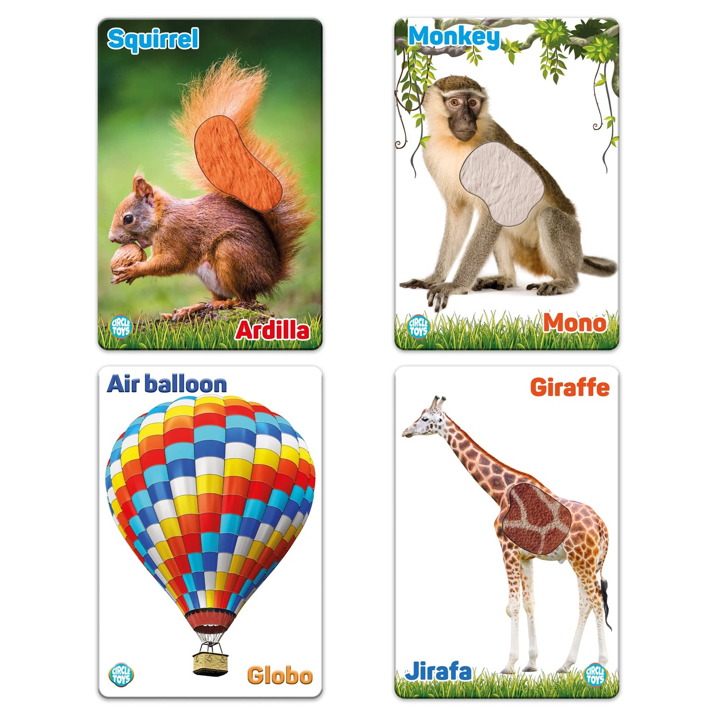 My Touch and Feel English Spanish Bilingual Picture Double Sided Sensory Flash Cards for Infant, Toddlers, Kids, Learn Animals, Fruits, and Vehicles, Fun Learning and Educational Flashcards
