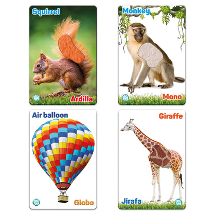 My Touch and Feel English Spanish Bilingual Picture Double Sided Sensory Flash Cards for Infant, Toddlers, Kids, Learn Animals, Fruits, and Vehicles, Fun Learning and Educational Flashcards