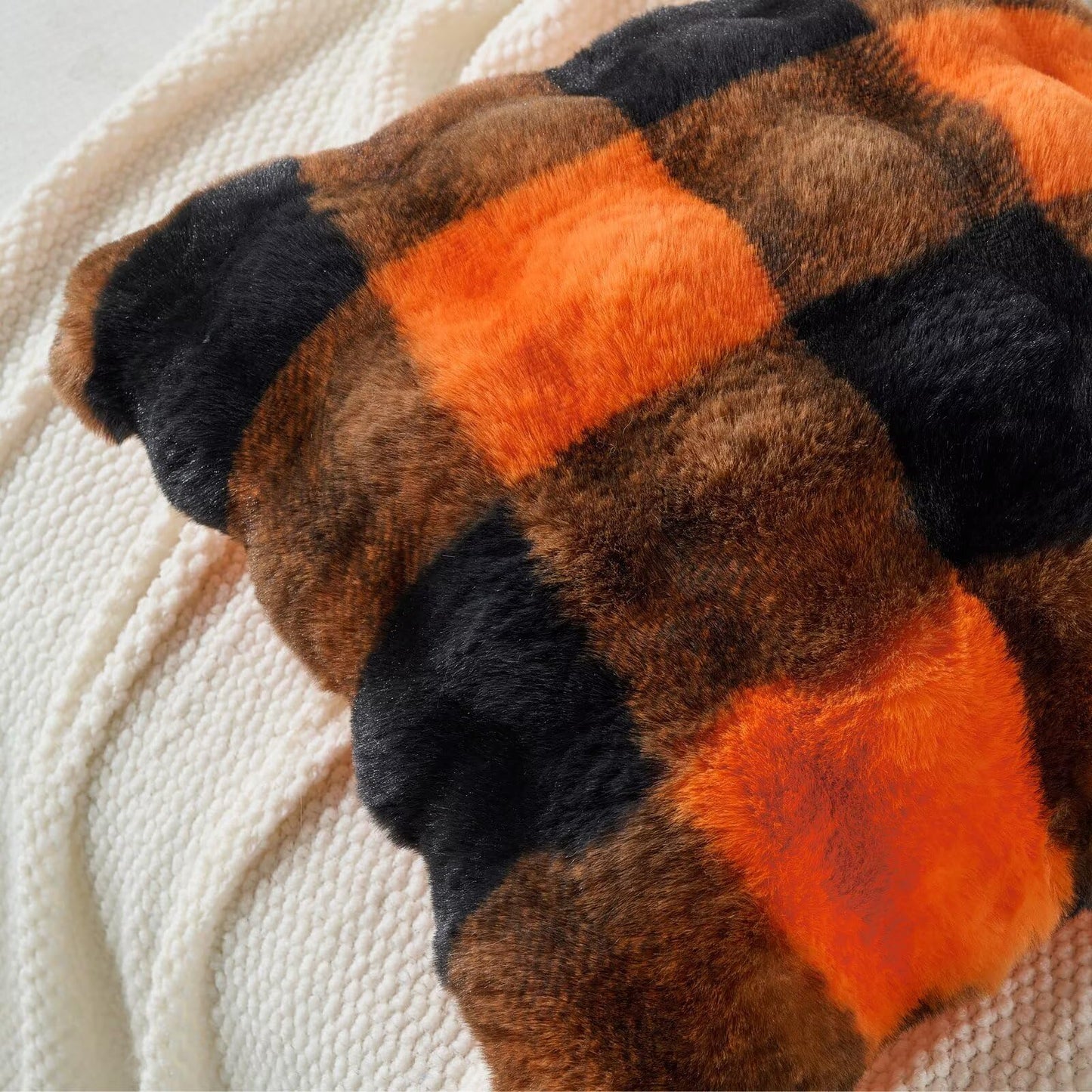 Animebody Set of 2 Faux Fur Cozy Throw Pillow Covers Halloween Decorations Throw Pillows Cushion Pillowcase for Sofa Couch,Orange-Black Grid Print 24 x 24 Inch
