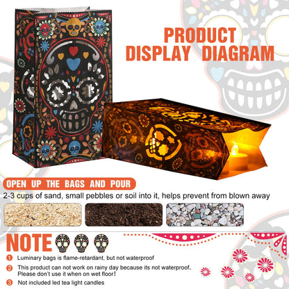 24 Pcs Halloween Day of The Dead Luminary Bags Paper Treat Bags Black Dia de Muertos Flame Resistant Candle Bags Goodie Present Wrap Bags for Halloween Party Favors Supplies
