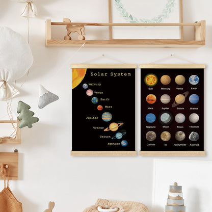 BCUANGD Space Wall Decor - Solar System Astronomy Poster Hanger with Wood Frames Set of 2, Kids Boys Educational Learning Wall Hanging Canvas Decor for Kids Room Home Playroom, 12x16 Inches