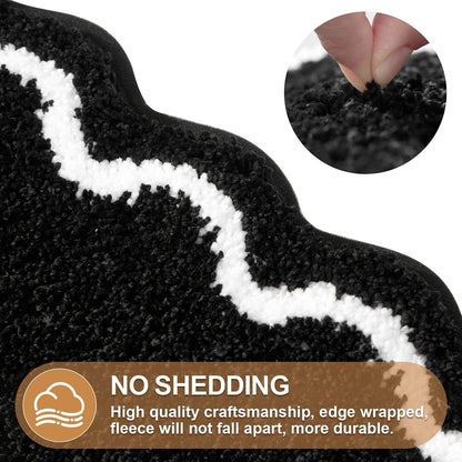 ORTIGIA Black Bath Mat with White Scallop Non Slip, Quick Dry Bath Rug Absorbent Soft Plush Microfiber Bathmat for Bathroom Floor Carpet for Sink Bedroom, 20x32