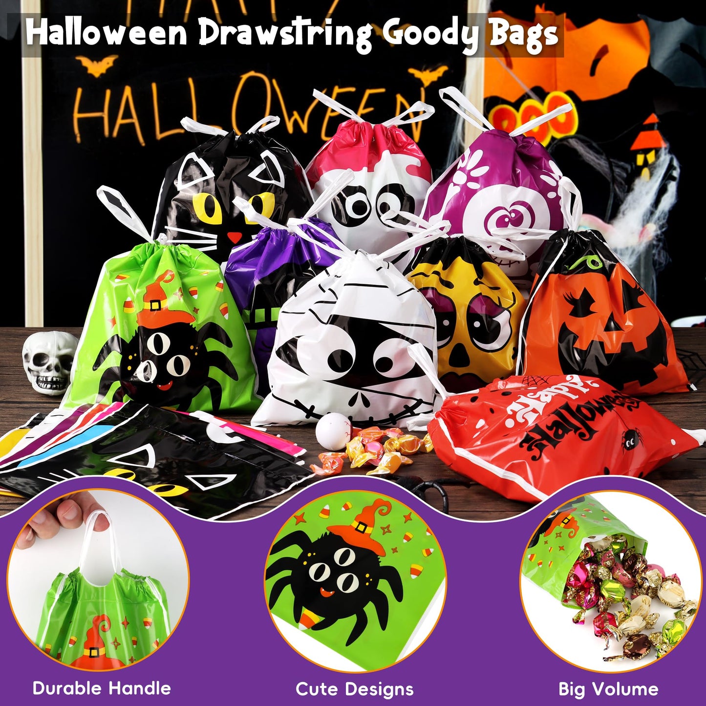HOIIOH 120 Pcs Halloween Treat Bags Bulk, 6x6 Inch Drawstring Candy Bags