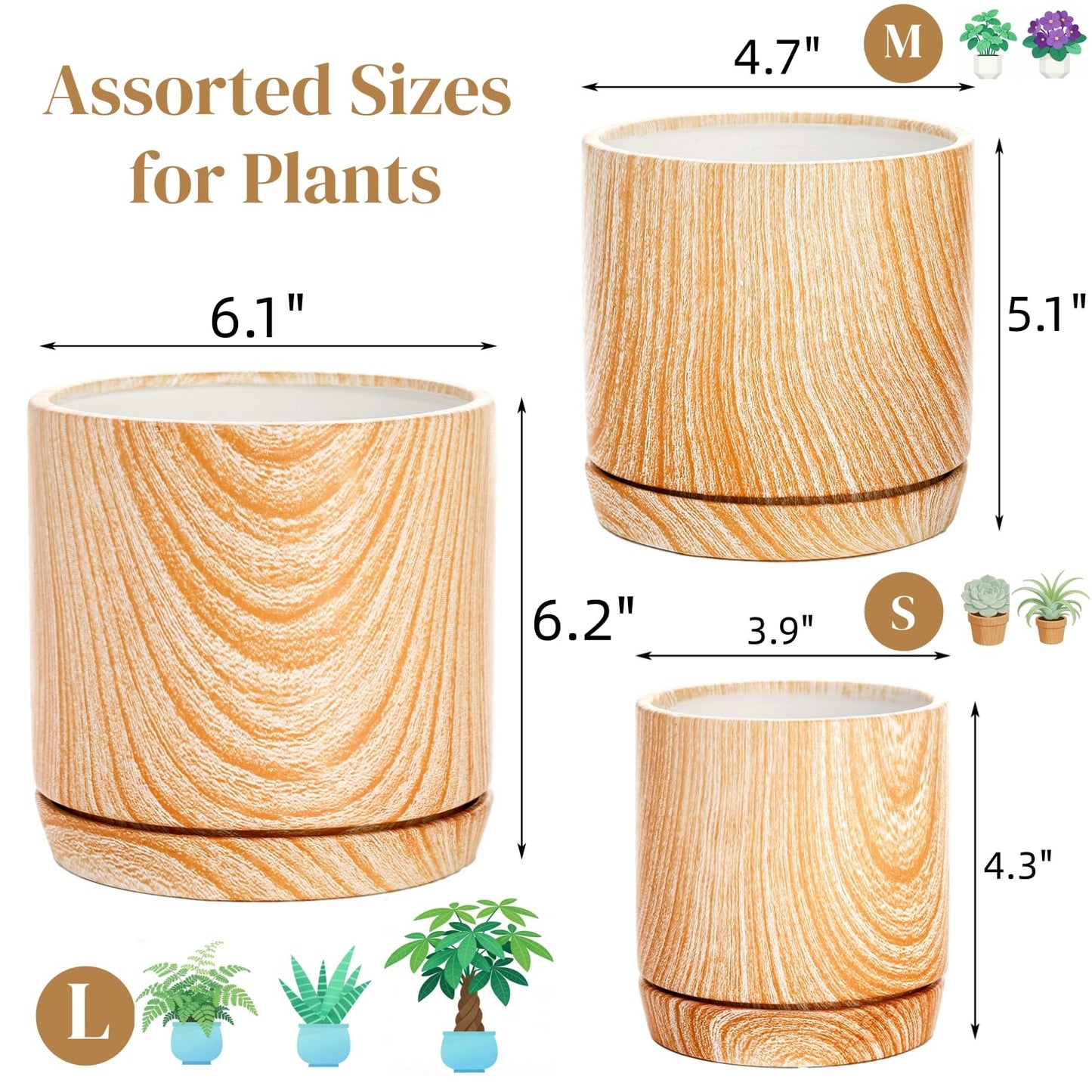 Dicunoy Set of 3 Ceramic Planters - 6"/5"/4" Cylinder Flower Pots with Drainage Holes and Saucers for Indoor, Outdoor, Garden, Cactus, Herbs, Snake Plants, Aloe Vera, All House Plants