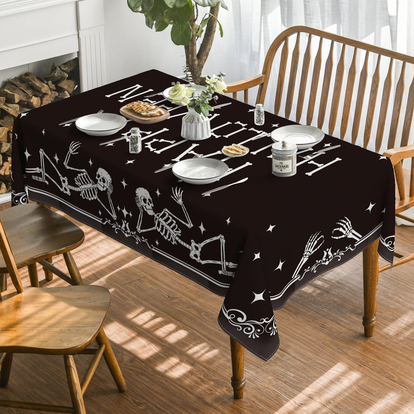 Horaldaily Halloween Tablecloth 60×60 Inch Square, Spooky Skeleton Skull Star Black Washable Seasonal Table Cover for Party Picnic Dinner Decor
