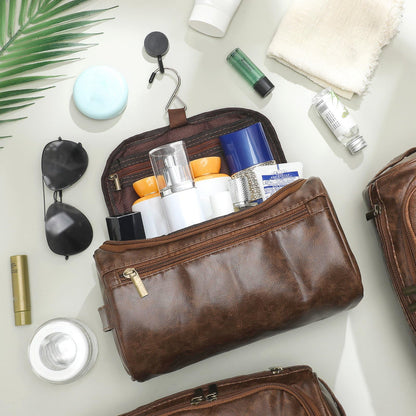 Aliceset 6 Pcs Groomsmen Gift Groomsmen Toiletry Bags Set of 6 Leather Toiletry Bag for Men with Hook Leather Wedding Proposal Bag with Side Handle Father Gift(Dark Brown)