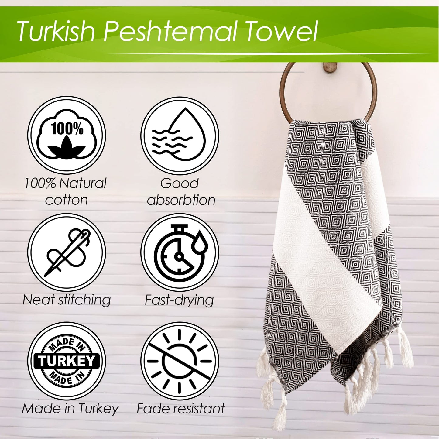 Cottonio Turkish Hand Towels for Bathroom and Kitchen - Turkish Hand Towels to Decorate Your Home - Decorative Towels to Elevate Your Bath and Home Experience Set of 2 (Black)