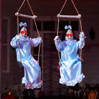 JOYIN 2 Pcs Hanging Ghosts Halloween Decorations Outdoor, 3ft Blue Swinging Creepy Sister Ghost with LED Red Light Eyes Creepy Girl Twins Doll Decor for Indoor Flying Props for Yard Patio Lawn Garden