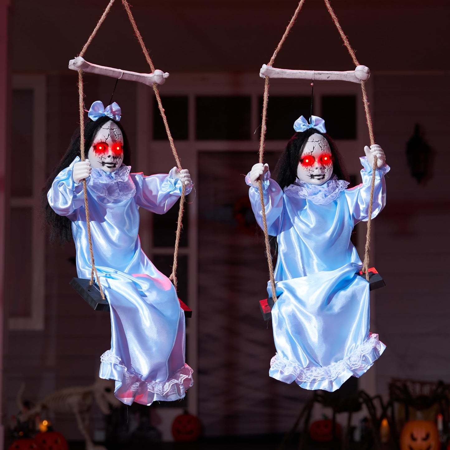 JOYIN 2 Pcs Hanging Ghosts Halloween Decorations Outdoor, 3ft Blue Swinging Creepy Sister Ghost with LED Red Light Eyes Creepy Girl Twins Doll Decor for Indoor Flying Props for Yard Patio Lawn Garden