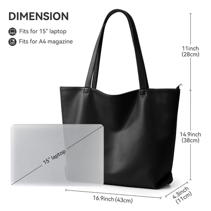 WLLWOO Soft Vegan Leather Tote Bag for Women Large Casual Hobo Handbags Zipper Shoulder Work Daily Weekender Travel Purse, Black
