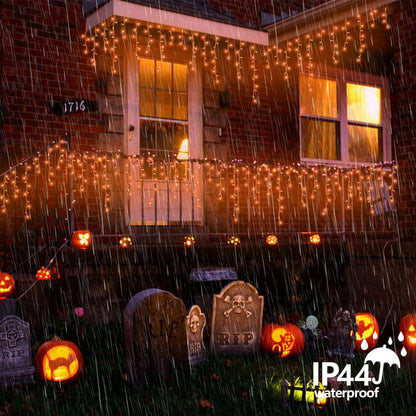 QITONG Orange Icicle Lights for Outside, 33ft 400 LED String Light with 8 Modes, Clear Wire Connectable Icicle Christmas Lights Indoor Plug in for Halloween Thanksgiving Fall Décor
