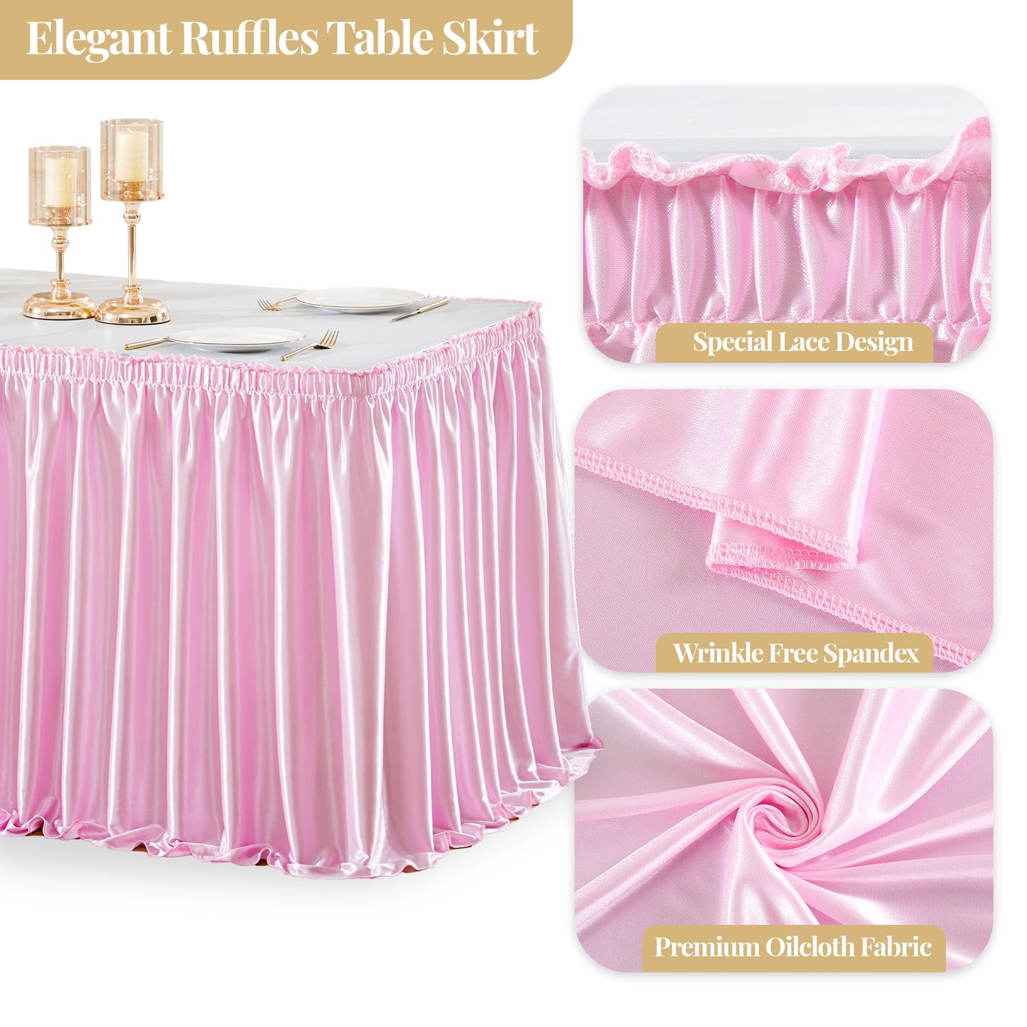 Wish Care 6ft Pink Satin Table Skirt for Rectangle Tables Wrinkle Free Glitter Desk Skirts Pleated Ruffle Table Cloth for Girls Birthday Baby Shower Theme Party Wedding Cake Table Skirting Decorations