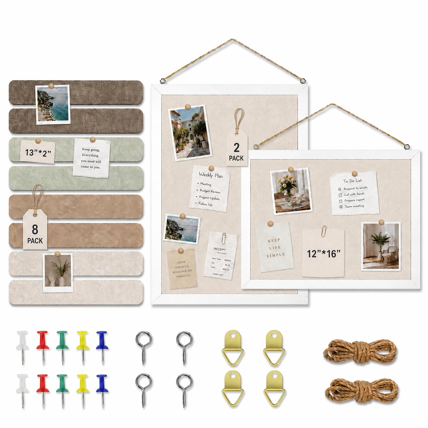 OKSON Bulletin Board Set, 2-Pack 12"x16" Framed Linen Cork Boards for Walls & 8-Pack Felt Strips, Decorative Pin Board & Vision Board for Home Office Decor, Includes Push Pins & Hardware