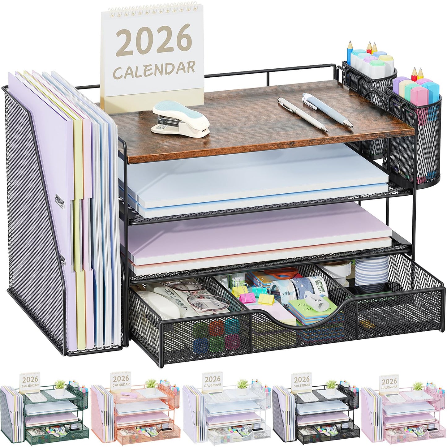 gianotter Desk Organizers and Accessories with File Holder, 4-Tier Desk Accessories & Workspace Organizers with Drawer and 2 Pen Holder, Paper Organizer for Office Supplies (Wood)
