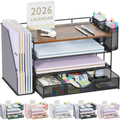gianotter Desk Organizers and Accessories with File Holder, 4-Tier Desk Accessories & Workspace Organizers with Drawer and 2 Pen Holder, Paper Organizer for Office Supplies (Wood)