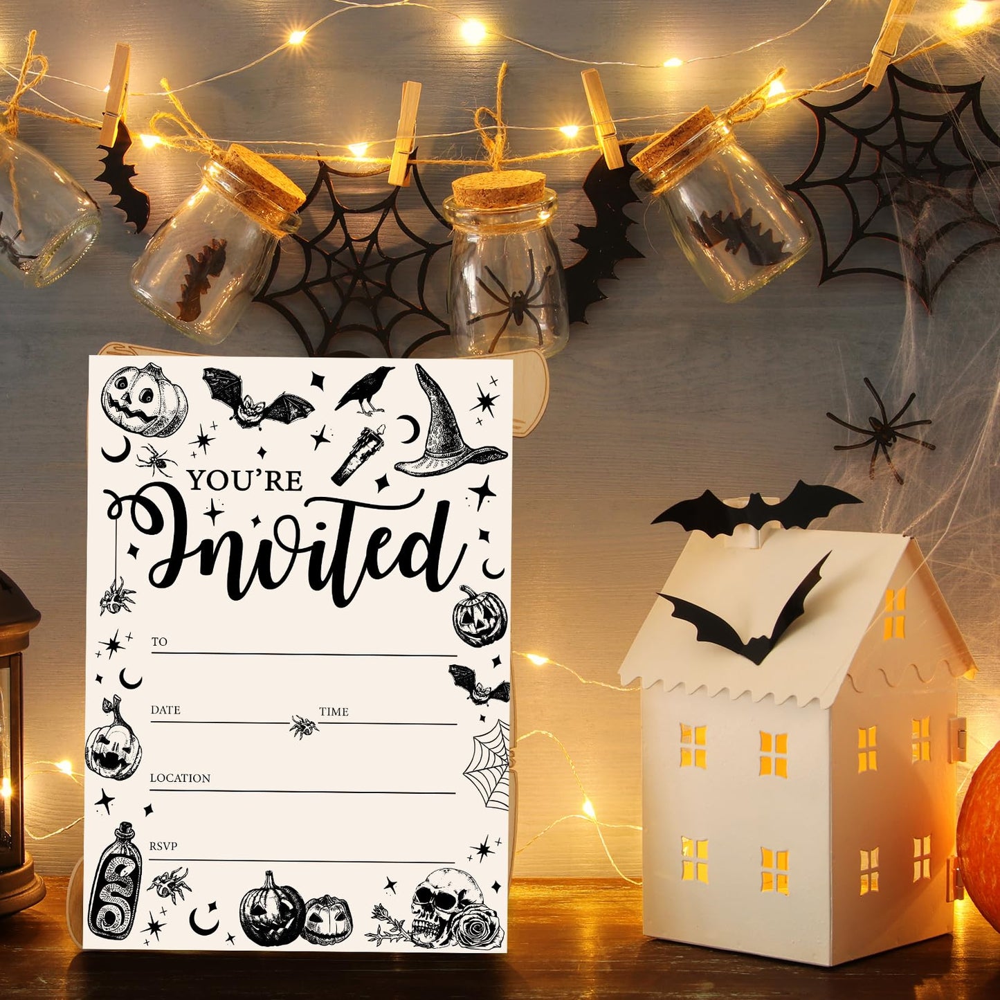 JarThenaAMCS 25 Sets Halloween Party Invitations with Envelopes Stickers Beige Black Pumpkin Skull Spider Invites for Halloween Celebration, 5 x 7 Inch