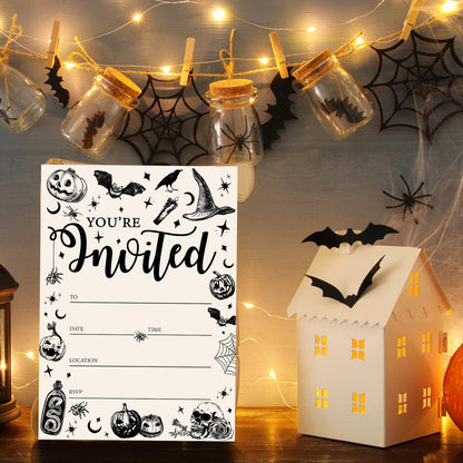 JarThenaAMCS 25 Sets Halloween Party Invitations with Envelopes Stickers Beige Black Pumpkin Skull Spider Invites for Halloween Celebration, 5 x 7 Inch