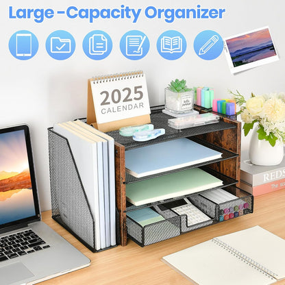 Desk Organizer and Accessories, 4-Tier Desktop File Organizer with Drawer and 2 Pen Holders, Office Desk Accessories for Office Supplies(Wood)