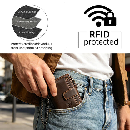 Handadsume Oil Wax Genuine Leather Travel Gift Coin Pocket Card Case Vertical Chain Rfid Wallet Purse With Snap For Men Male 1804 (2-251881 Brown1)