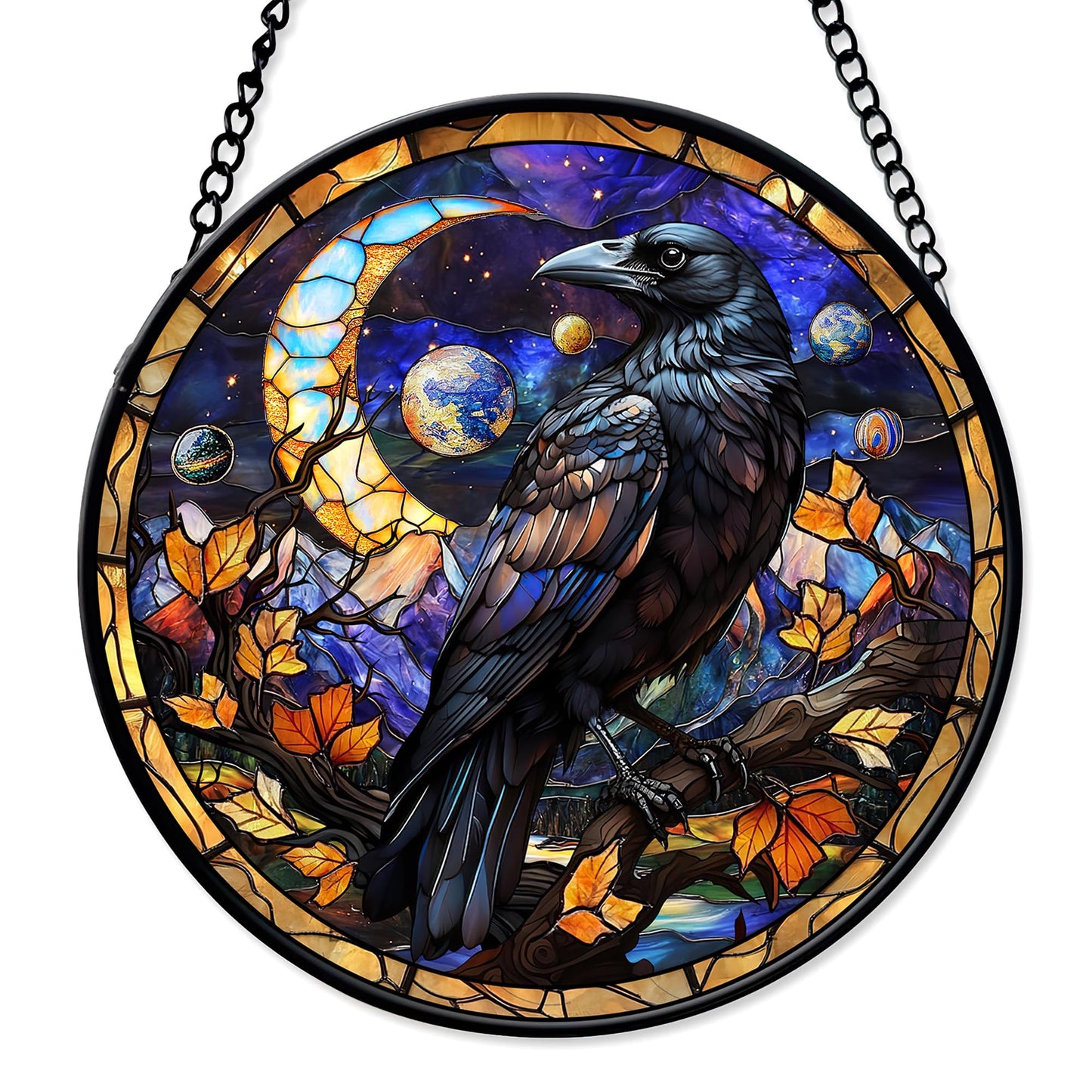 FIVITY 7.8'' Dark Crow Suncatcher Stained Glass Window Hanging Creepy Raven Ornament Wall Home Room Kitchen Decor Gothic Sun Catcher Gifts for Teens Adults Birthday Halloween Christmas Fall Holiday