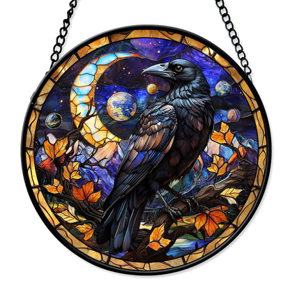 FIVITY 7.8'' Dark Crow Suncatcher Stained Glass Window Hanging Creepy Raven Ornament Wall Home Room Kitchen Decor Gothic Sun Catcher Gifts for Teens Adults Birthday Halloween Christmas Fall Holiday