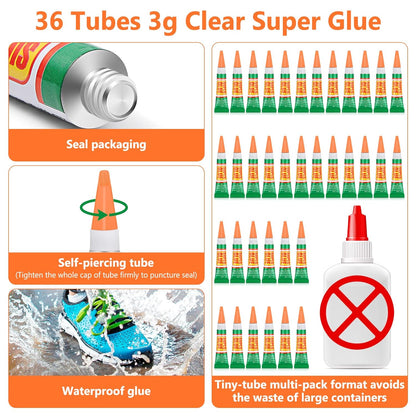 36 x 3g Super Strong Glue for All Purpose, Clear Cyanoacrylate Adhesive Instant Quick Dry Superglue Gel Tubes Bonding Plastic, Metal, Glass, Leather, Wood, Rubber, Jewelry, DIY Crafts Repair