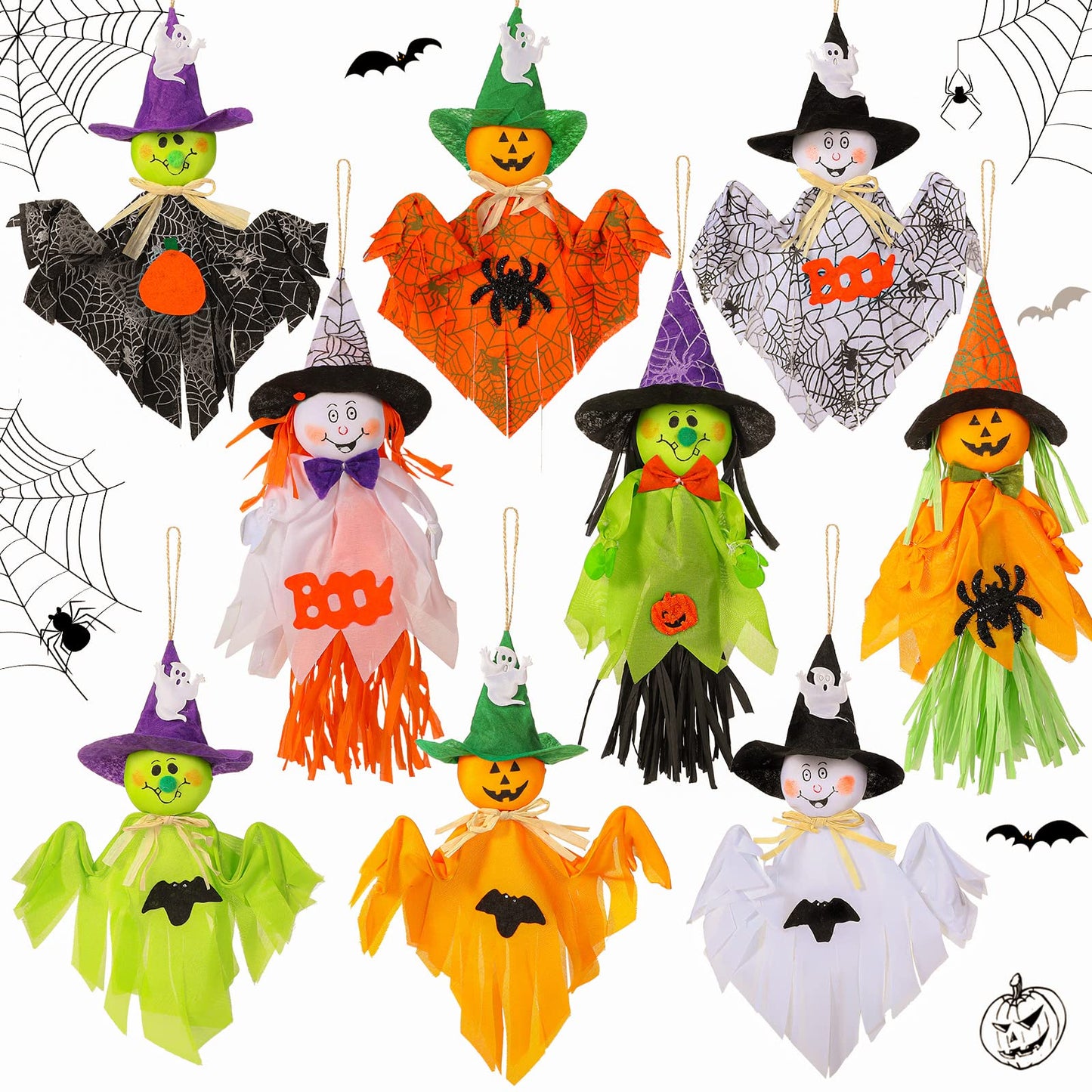 Zomiboo 9 Pack Halloween Decoration Hanging Ghost Pumpkins Decorations Tree Scary Pumpkin Witch Spider Bat Straw Windsock Pendant for Patio Lawn Garden Spooky Party