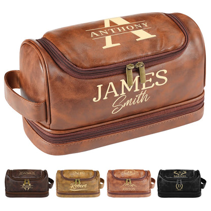 Personalized Toiletry Bag for Men, Engraved Name & Text, Father's Day Birthday Gifts for Men, Dad, Leather Men's Toiletry Bag for Traveling, Customized Birthday Gifts for Husband, Grandpa, Lover