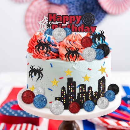 38pcs Spider Theme Cake Toppers, Spider Cake Decorations Foam Balls Happy Birthday Spider Web Decorations for Boys Men Birthday Baby Shower Spider Theme Parties