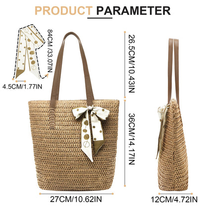 Long Keeper Straw Tote Bag for Women Summer Straw Beach Bag with Zipper Woven Shoulder Tote Bags for Beach Picnic Vacation (Khaki)