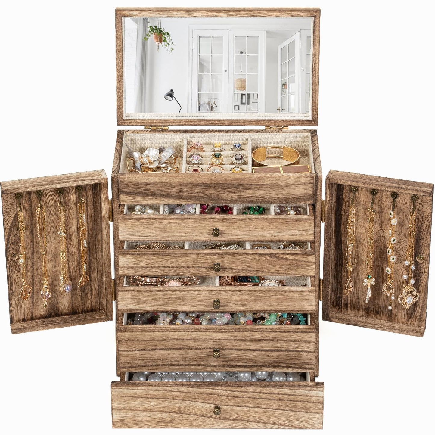 Emfogo Wooden Jewelry Box for Women, 6-Tier Large Jewelry Organizer Boxes with Mirror Rustic Solid Wood jewlery Storage Display for Rings Earrings Necklaces Bracelets watches(Carbonized Black)