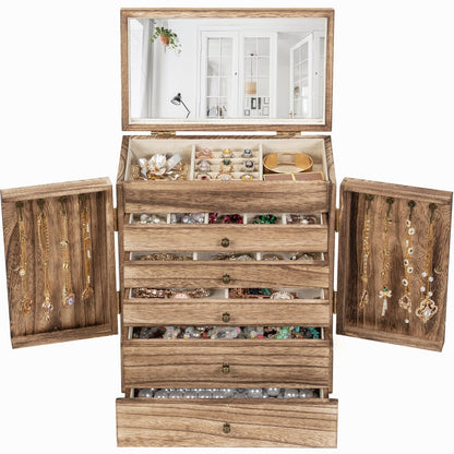 Emfogo Wooden Jewelry Box for Women, 6-Tier Large Jewelry Organizer Boxes with Mirror Rustic Solid Wood jewlery Storage Display for Rings Earrings Necklaces Bracelets watches(Carbonized Black)