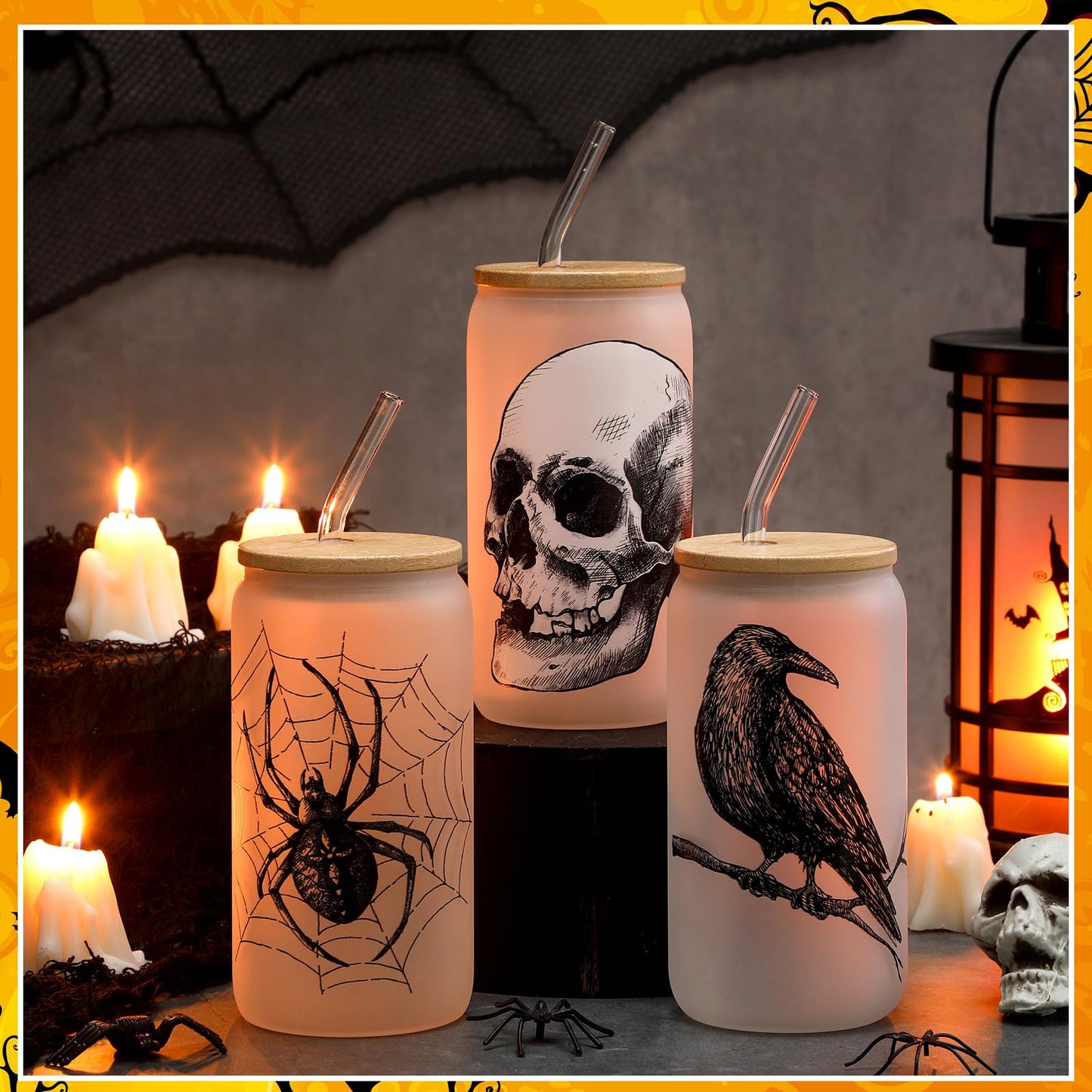SiliFine 3 Pcs Gothic Christmas Spooky Drinking Party Glasses 16 Oz Goth Spider Web Skull Crow Iced Coffee Cups With Lid Straws Christmas Birthday White Elephant Gifts For Girls Friends