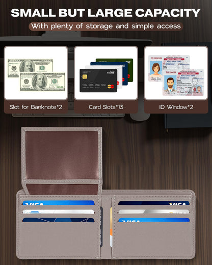 GNDR Wallet For Men Bifold Grey RFID Blocking Slim Faux Leather Wallets Card Holder Front Pocket Minimalist Men Accessories With Gift Box