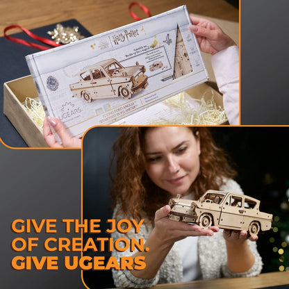 UGEARS Wooden 3D Puzzles for Adults - Flying Ford Anglia Harry Potter Puzzle 3D – Harry Potter Flying Car Building Kits for Adults DIY Model Kit with Spring Drive