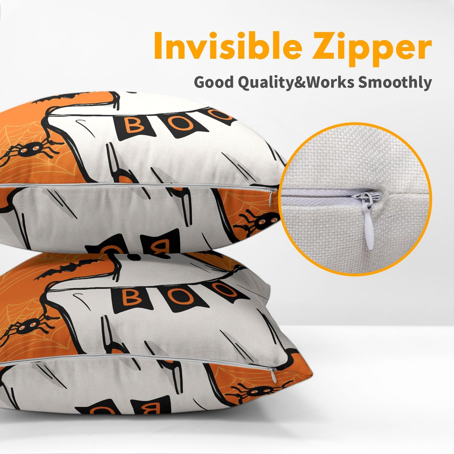 Halloween Ghost Boo Orange Throw Pillow Covers 18X18 Inches Set of 2 Spooky Bat Spider Web Pillowcase Soft Cotton Linen Square Cushion Covers for Home Sofa Bedroom