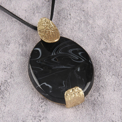 GelConnie Boho Pendant Necklace for Women Long Black Leather Cord Statement Jewelry with Large Oval Black Stone Pendant