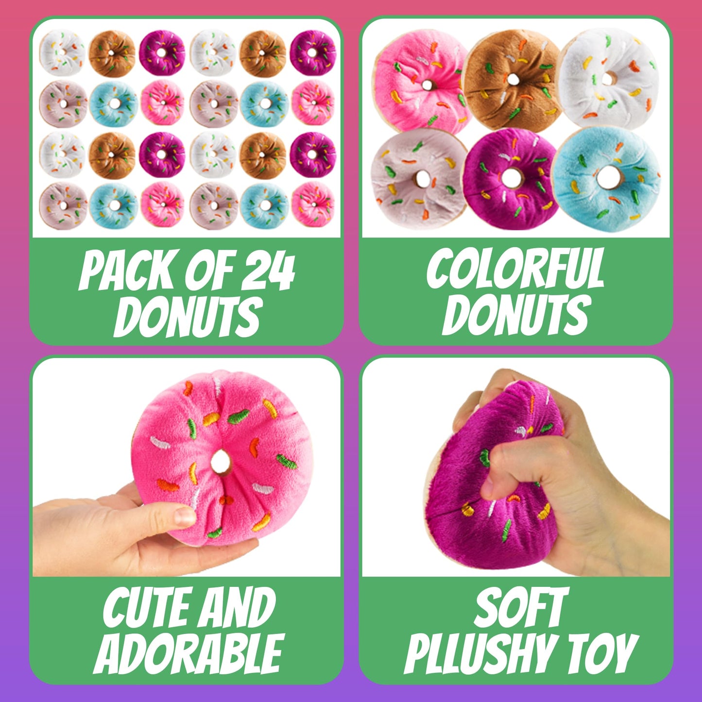 Bedwina Plush Donuts with Sprinkles - (Pack of 24) 1 Dozen Stuffed Donut Toy Party Favors, Donut Party Supplies Decorations for Kids