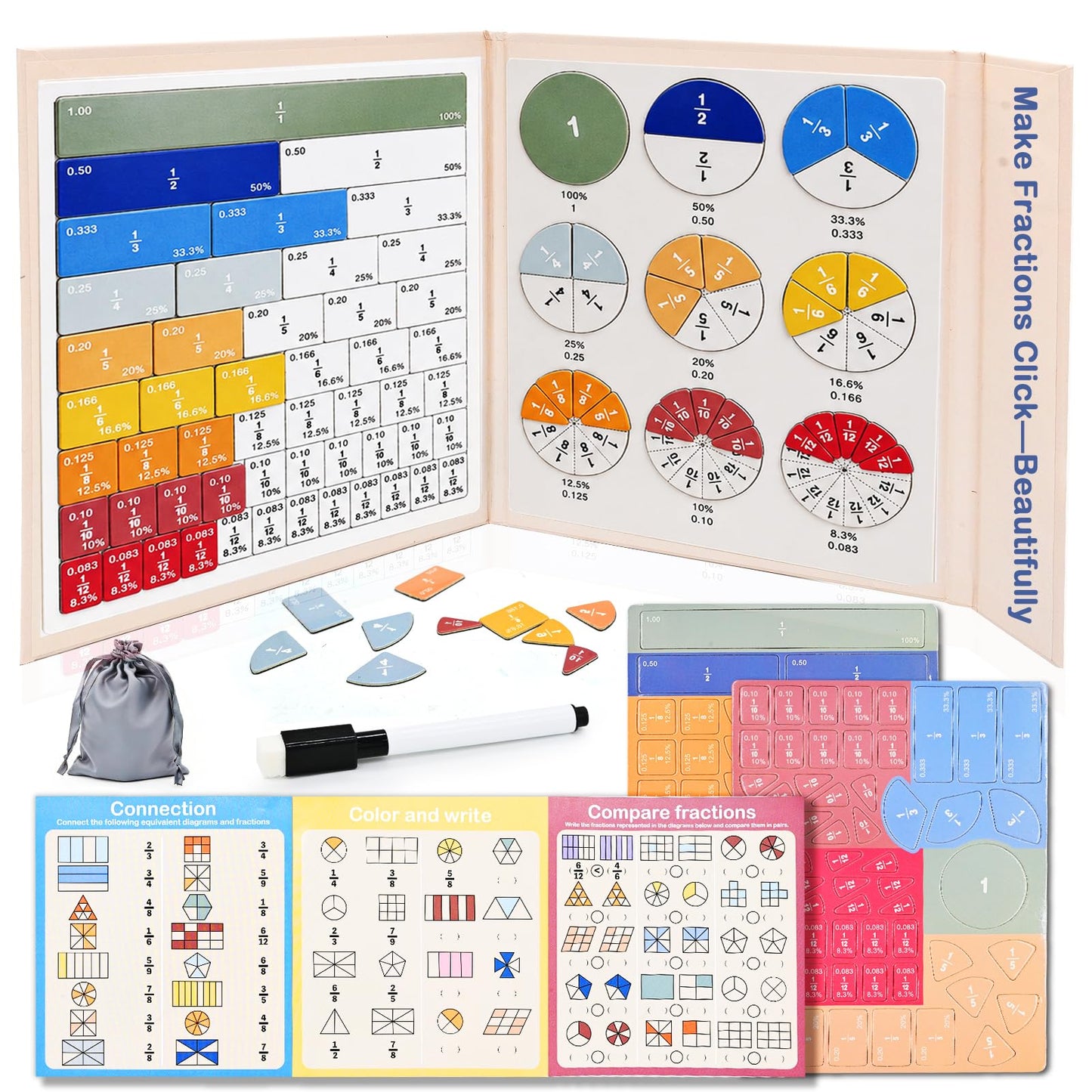 Magnetic Fraction Educational Puzzle, Magnetic Fraction Tiles & Fraction Circles Set, Math Manipulatives for Elementary School, Montessori Fraction Learning Toys for Kids Early Math Skills