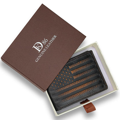 DK86 Wallet for Men Slim Rfid Bifold Genuine Leather 2 ID Window With Gift Box (black brown with US flag)