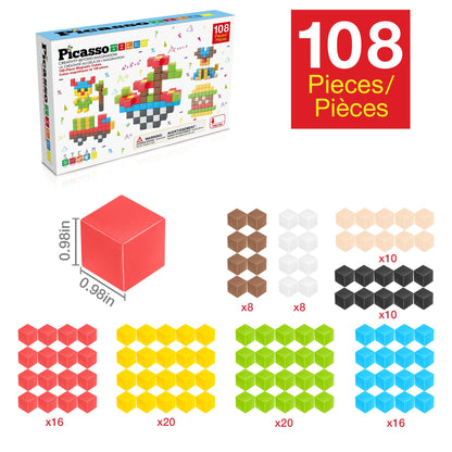 PicassoTiles 108pcs 1” Magnetic Puzzle Cubes Magnet Toys Preschool Construction Building Block Set Sensory Toy Early Education STEM Learning Come with Ideabook for Children Age 3+ Boy Girl PMC108