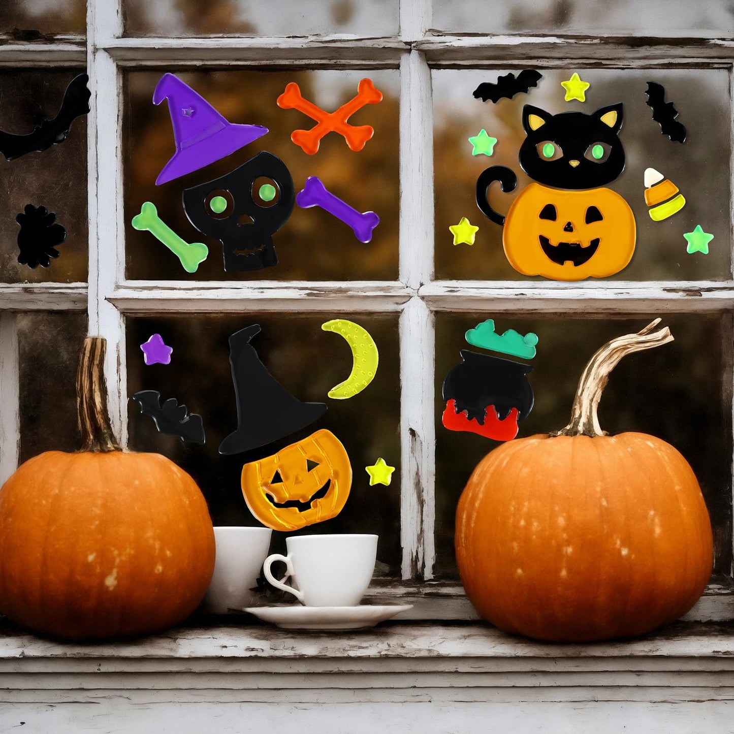 Sinload 6 Sheets Halloween Window Gel Clings Pumpkin Bat Witch Decal Stickers for Halloween Home Party Window Decorations