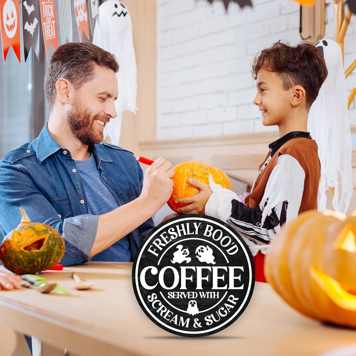 OXRUN Halloween Coffee Bar Decor, Spooky Party Gifts for Friends Family, Ghost Desk Decorations for Home Bedroom Living Room Table Shelf 8 Inches - B09