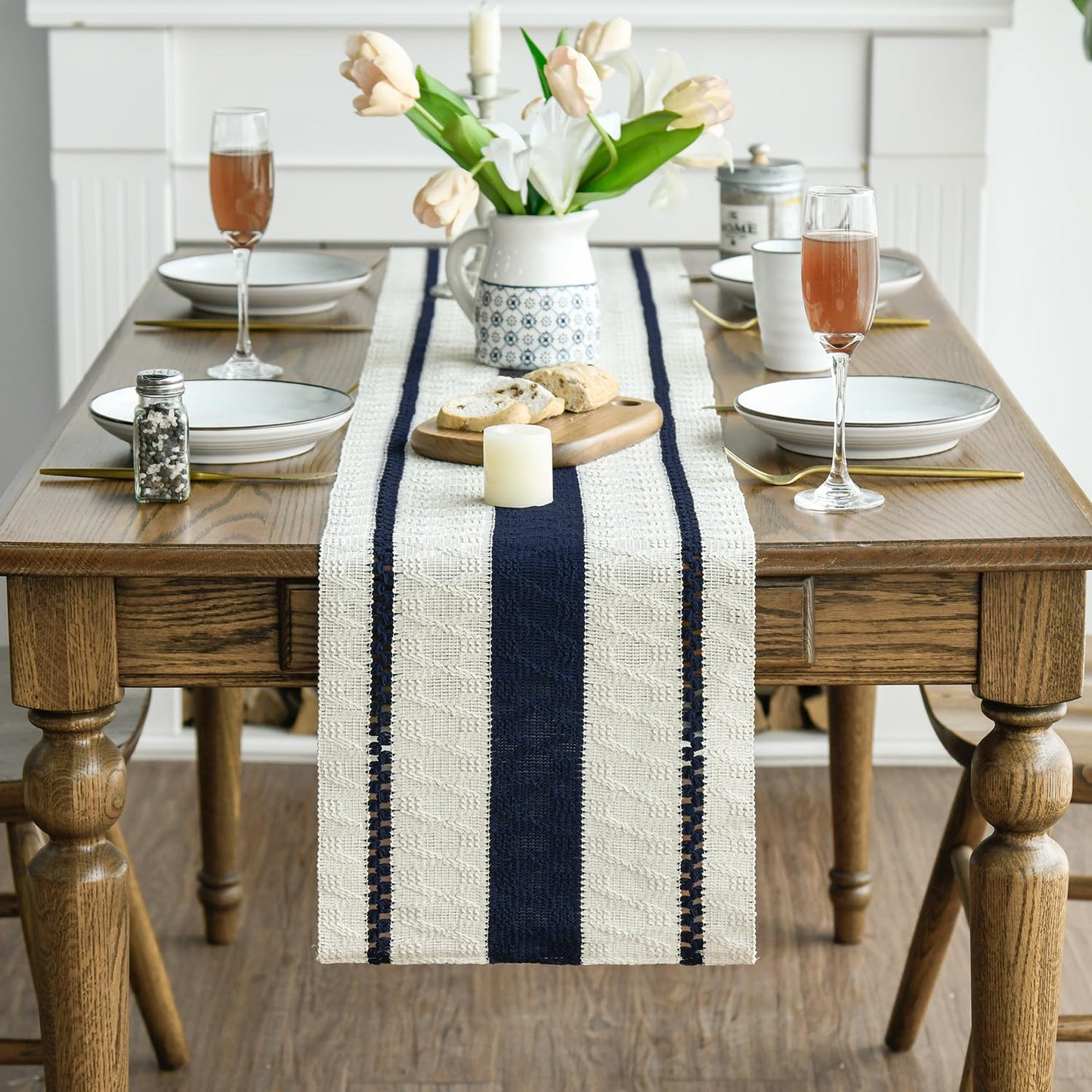 Artoid Mode Dark Blue Farmhouse Woven Rustic Table Runner, Seasonal Holiday Hollow Kitchen Dining Table Decoration for Home Party Decor 12x72 Inch