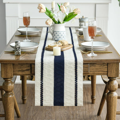 Artoid Mode Dark Blue Farmhouse Woven Rustic Table Runner, Seasonal Holiday Hollow Kitchen Dining Table Decoration for Home Party Decor 12x72 Inch