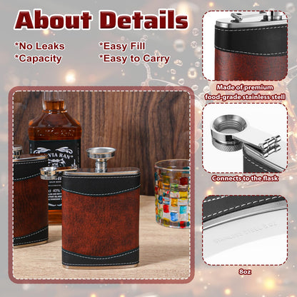 PercyEffie 6 Pcs Liquor Flask, Hip Flasks 8 oz Metal Flask with Funnel, Leak Proof Pocket Flask in Dark Brown Leather Strap Design for Men Women (3.7 x 5.5 Inches)