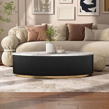 Furniture of America Beryl Modern Oval White Genuine Marble Top Coffee Table with Fluted Pedestal Base and Gold Stainless Steel Accent, Low Profile Table for Living Room, Home Office, Black